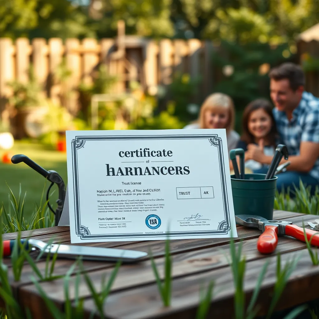 A certificate of insurance and license displayed prominently on a garden table, with gardening tools, green grass around, and a happy family enjoying their backyard in the background, representing trust and care.