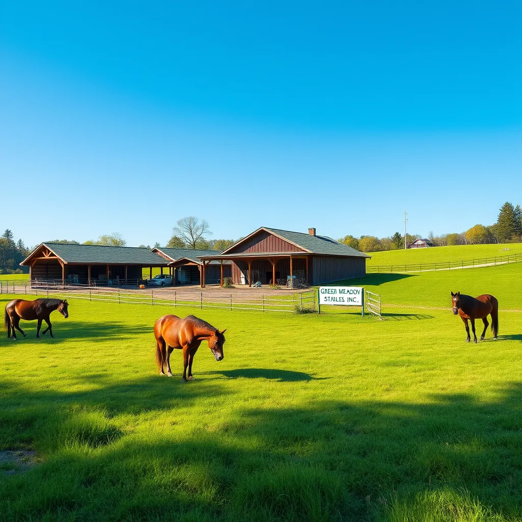 A charming horse stable located in Boston, MA, showcasing a beautiful landscape with lush green meadows and well-kept barns. Horses grazing peacefully in the foreground, with a clear blue sky and a welcoming sign that reads 'Green Meadow Stables Inc.'.