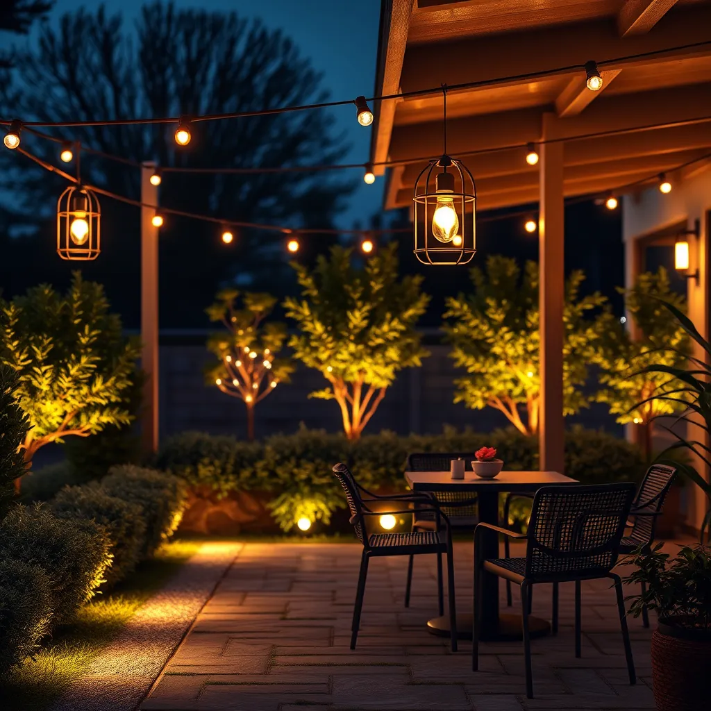A charming outdoor seating area illuminated with stylish pendant lights and soft ground lights. Include shrubs and trees lit up subtly in the background, creating a warm and inviting ambiance suitable for evening gatherings.