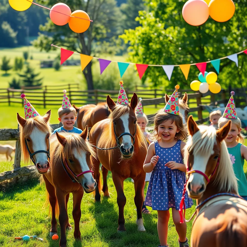 A cheerful and vibrant image portraying a children's birthday party at Green Meadow Stables, featuring happy children adorned with colorful party hats, all interacting with friendly ponies. The setting is decorated with balloons and banners against a backdrop of lush green pastures and wooden fencing. Bright, diffused sunlight illuminates the scene, casting soft shadows. The color palette is bright and joyful, with splashes of color from the decorations. The image captures a wide-angle view, showcasing various activities such as pony rides and games set up in the grassy area. Texture details include the ponies' manes and the fabric of the party decorations. The environment is lively, with children laughing and enjoying themselves. This scene captures a fun-filled atmosphere and community spirit, presented in hyperrealistic detail at 8K resolution.