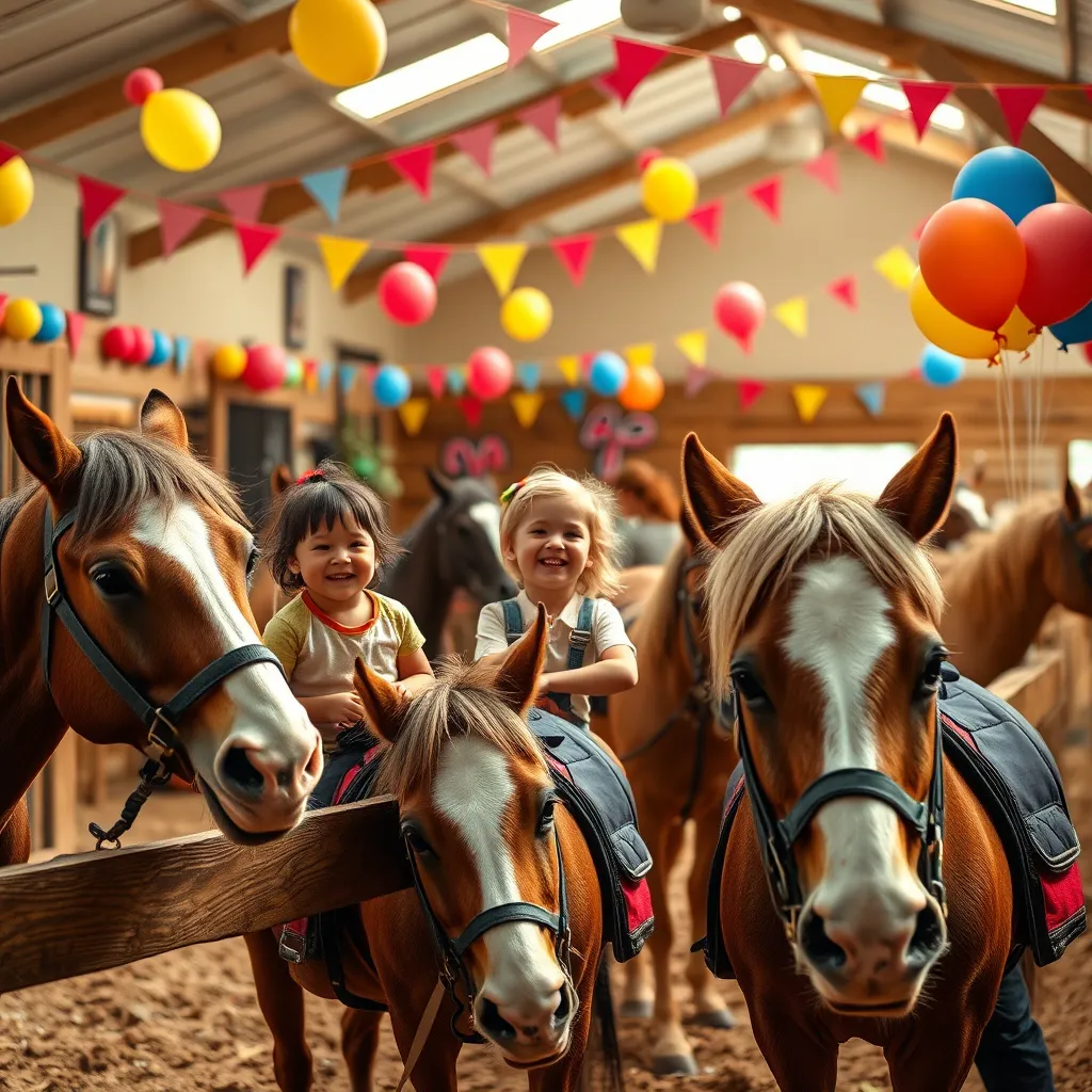 A cheerful scene at a horse stable during a children's party, with kids laughing while enjoying pony rides. Colorful decorations, balloons, and a friendly instructor supervising, capturing a joyful and engaging atmosphere.
