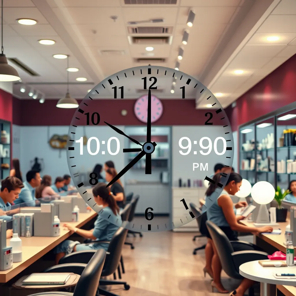 A clock showing 10:00 am and 9:00 pm, superimposed on a serene nail salon scene. The salon is busy with customers enjoying a manicure and pedicure, showcasing a vibrant atmosphere and attentive staff.