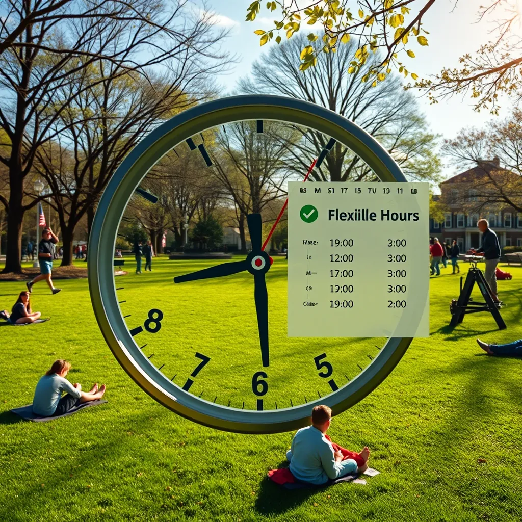 A clock showing flexible hours, with a sunny Boston park backdrop filled with people enjoying their well-maintained lawns, emphasizing the importance of lawn care. Include a calendar displaying varied working hours, symbolizing customer convenience.