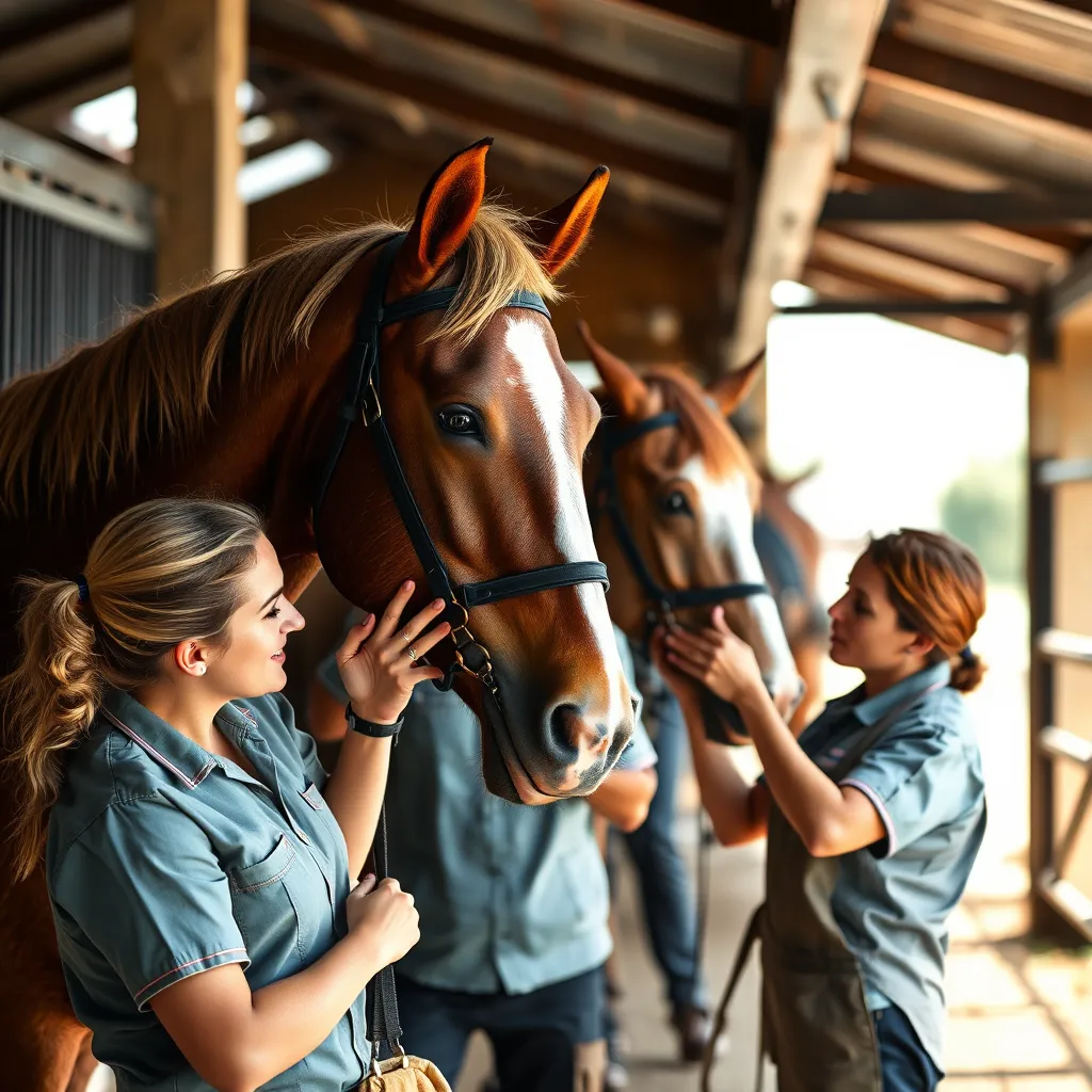 A close-up image of dedicated staff members interacting with horses, grooming and feeding them in a bright, airy stable environment. The staff shows love and attentiveness, reflecting the hands-on approach to horse care at Green Meadow Stables.