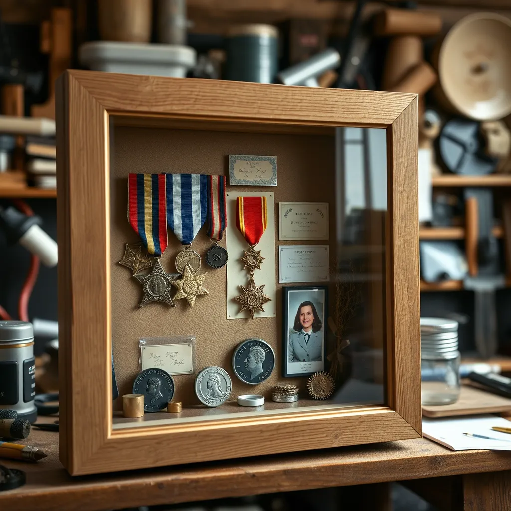 A close-up of a beautifully crafted shadowbox frame exhibiting sentimental items such as medals, photographs, and small treasures. The background shows a well-organized workshop with tools and materials, emphasizing the craftsmanship and care taken in preservation.