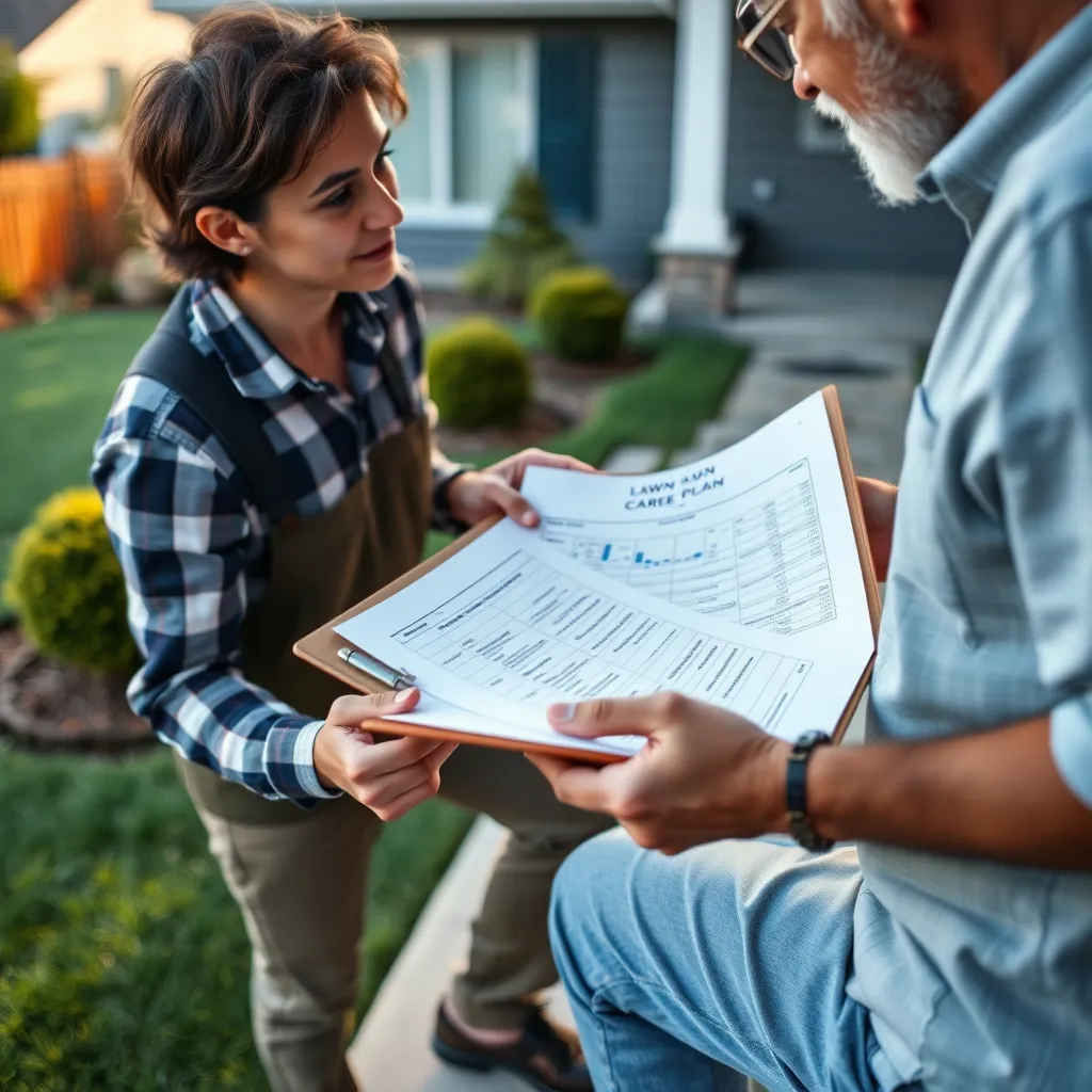 A close-up of a lawn care professional discussing plans with a homeowner on their patio. The image should show the detailed care plan on a clipboard, with a backdrop of a well-maintained yard featuring trimmed shrubs and clear pathways.