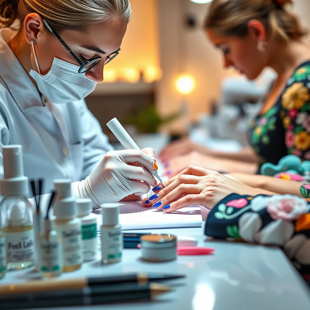 A close-up of a nail technician expertly applying gel polish to a client's nails, with various eco-friendly nail products and tools neatly arranged on the table. The technician is focused, demonstrating professionalism, while vibrant nail designs are visible on other clients.