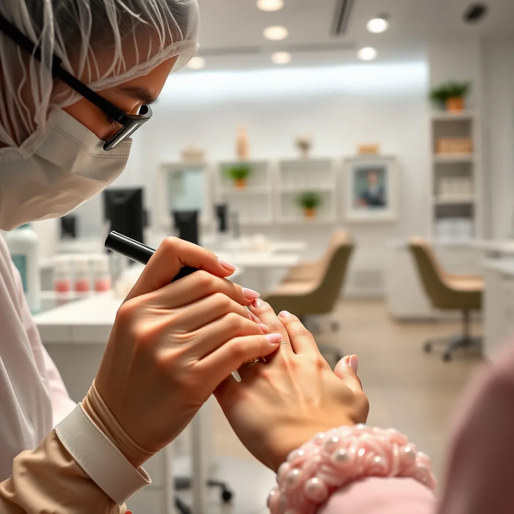 A close-up of a nail technician expertly applying shellac polish on a client's nails, showcasing precision and focus. Include the salon's pristine workstations and eco-friendly products in the background, conveying professionalism and expertise.
