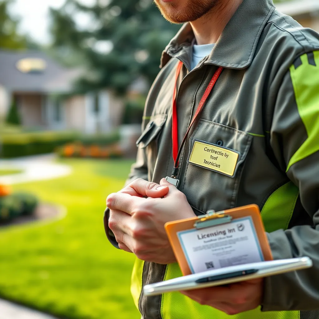 A close-up of a professional lawn care technician wearing a uniform with a badge, demonstrating safety measures while working. The background includes well-maintained lawns and visual indicators of licensing, such as a certificate on a clipboard, emphasizing professionalism and trust.