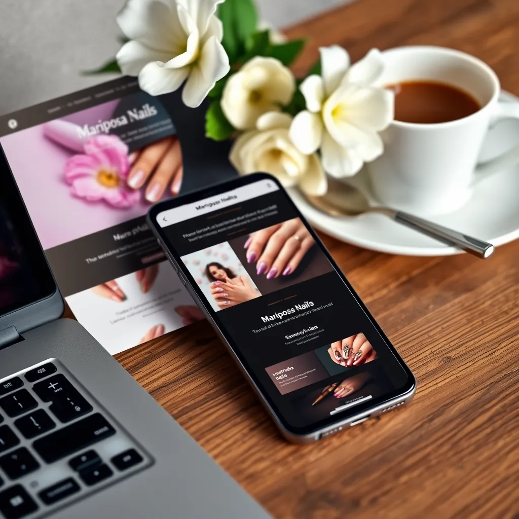 A close-up of a stylish phone and laptop on a wooden desk, alongside a notepad and a coffee cup. The screen displays the Mariposa Nails website, showcasing beautiful nail art and service offerings. A beautiful flower arrangement adds a touch of elegance.