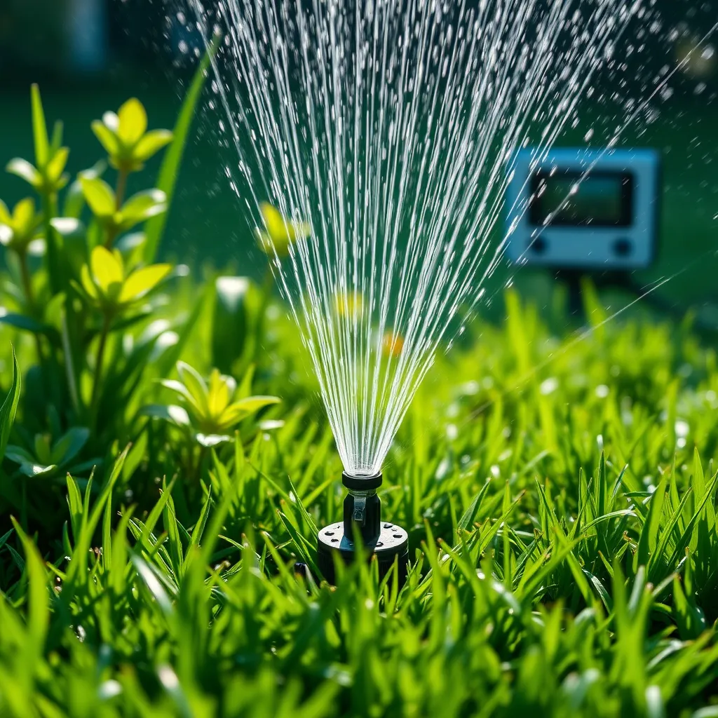 A close-up of an advanced sprinkler head actively distributing water over a lush, green lawn, highlighting the moisture reflecting sunlight. Include healthy plants and a digital irrigation controller in the background to represent modern technology in irrigation.