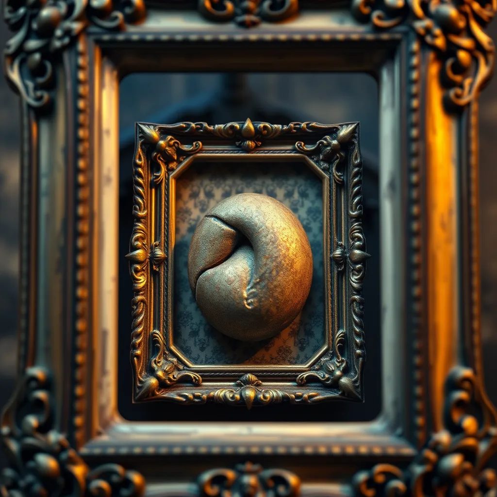 A close-up of an antique object elegantly framed in a vintage-style frame. The background is softly blurred to emphasize the detailed craftsmanship of the frame. Include soft, warm lighting to enhance the antique's textures.