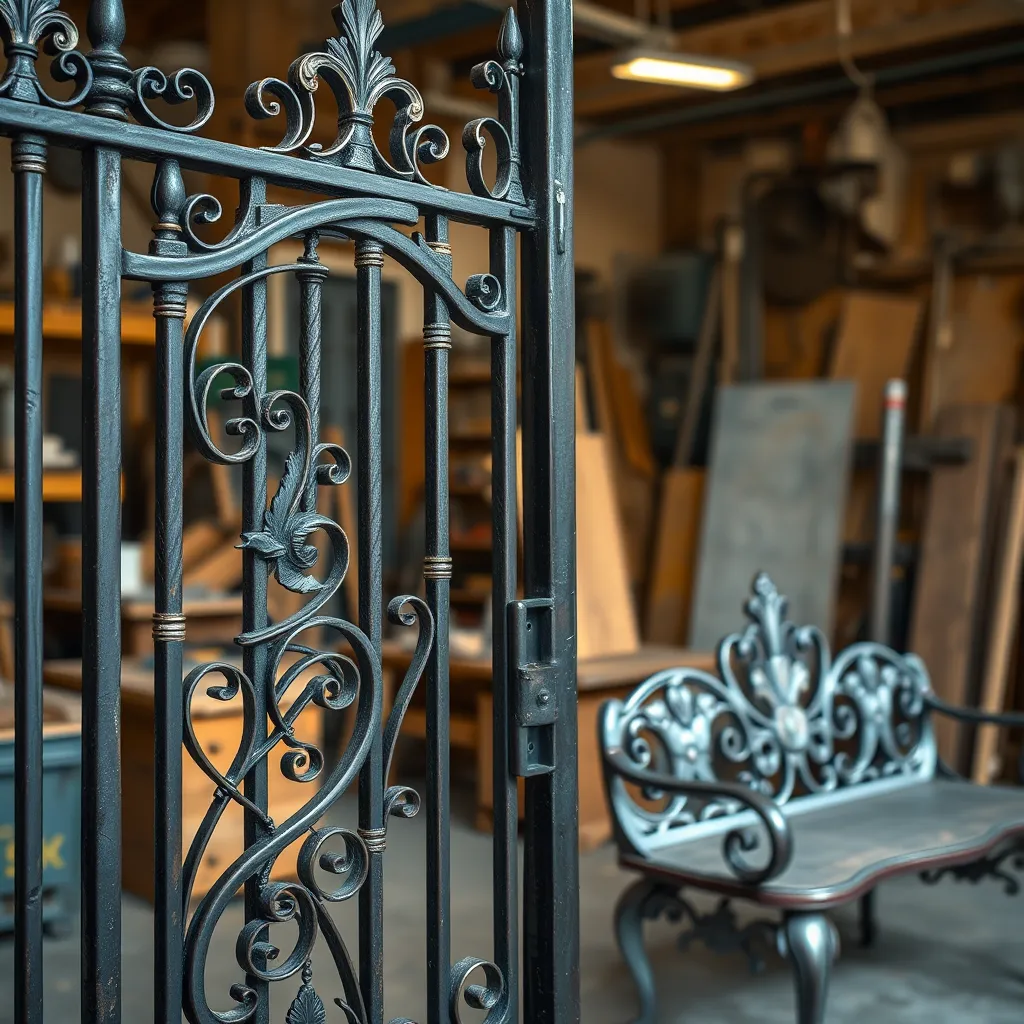 A close-up of beautifully crafted custom iron and steel furniture and gates, showing intricate detailing and craftsmanship, set against a workshop background with tools and materials. Highlight a completed gate and a decorative piece of furniture.