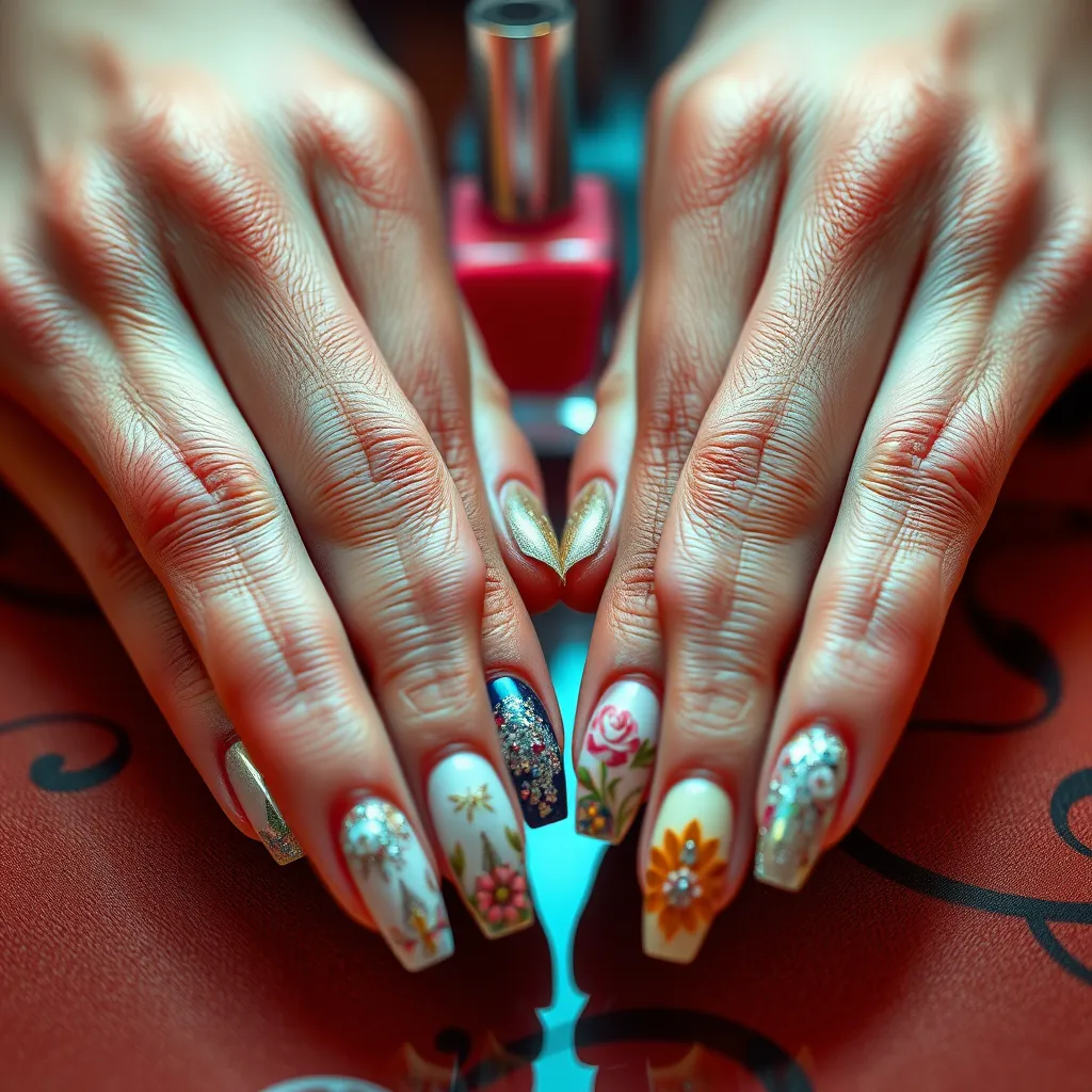 A close-up of beautifully designed nails featuring intricate patterns and vibrant colors. The hands are elegantly posed on a stylish surface, showcasing unique nail art with glitter and floral designs, set against a backdrop of nail polish bottles.
