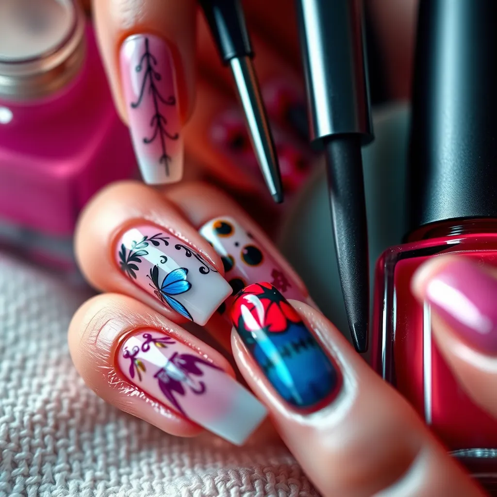 A close-up of beautifully designed nails with intricate patterns and vibrant colors. Showcase a mix of French tips and trendy nail art. Include tools and polish bottles in the frame to depict a creative nail design process.