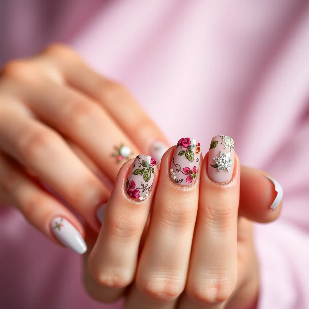 A close-up of beautifully manicured hands adorned with intricate nail designs and vibrant shellac polish. The background should be blurred to focus on the nails, showcasing floral designs and glittering accents against a soft pastel backdrop.