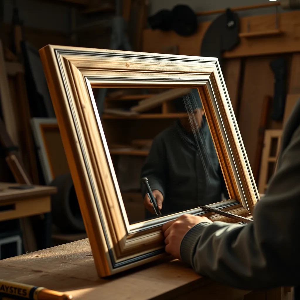 A close-up of meticulously crafted custom frames being carefully assembled in the workshop. The image emphasizes high-quality materials, tools, and attention to detail. Soft natural light highlights the craftsmanship, showcasing the dedication to quality at Amethyst Framing Inc.