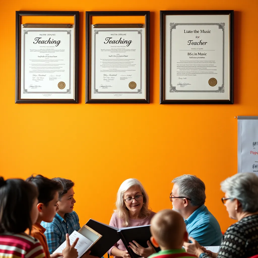 A close-up of teaching certificates and a B.Sc. in Music degree framed and hung on a brightly colored wall. Below them, a teacher interacts with a diverse group of students, ranging from children to elderly, all engaged in a music lesson. The scene exudes professionalism and expertise.