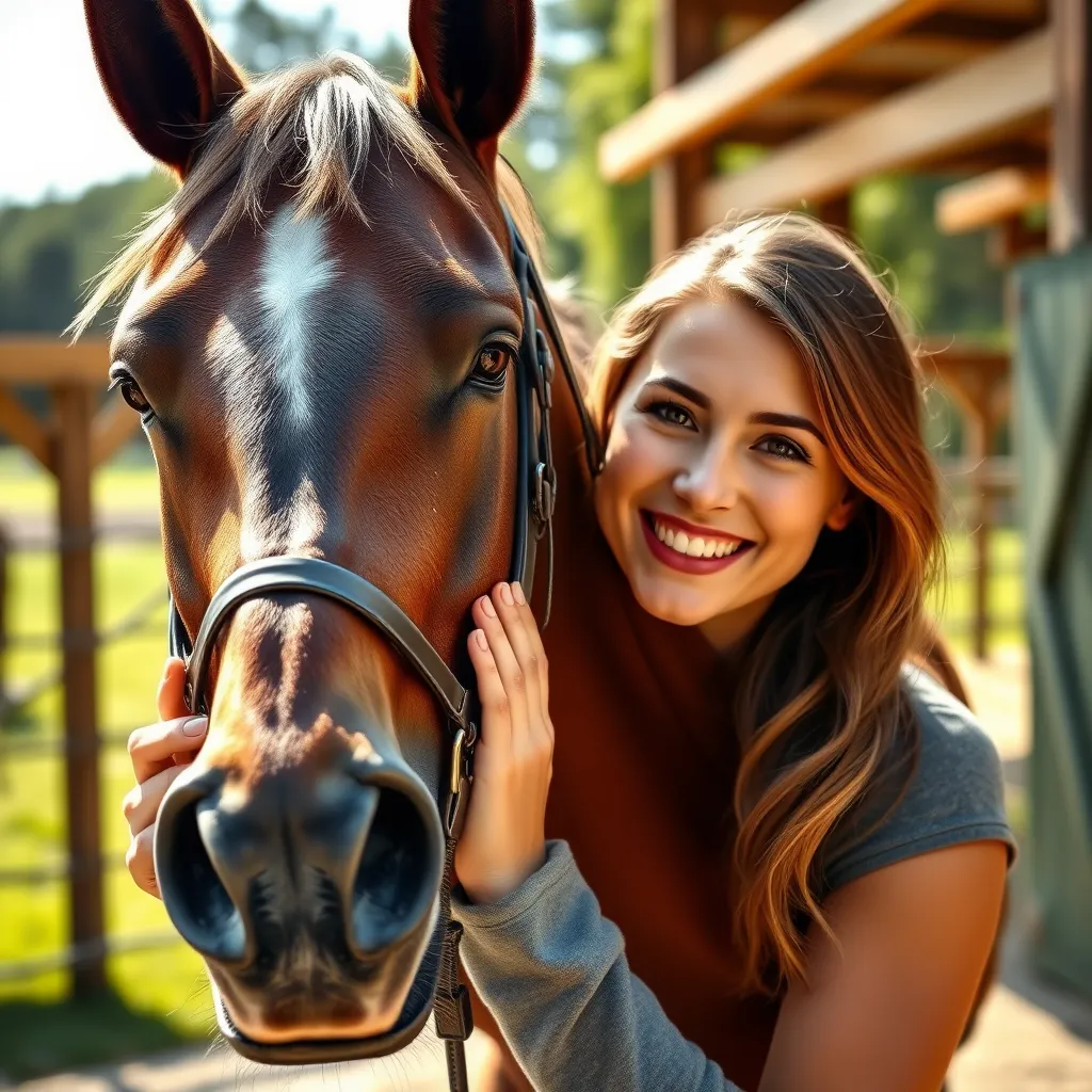 A close-up shot of a smiling young woman gently petting the neck of a shiny brown horse in a sunny outdoor stable setting. The background features lush green pastures and wooden stable structures, with the woman wearing a casual riding outfit and the horse looking calm and happy.