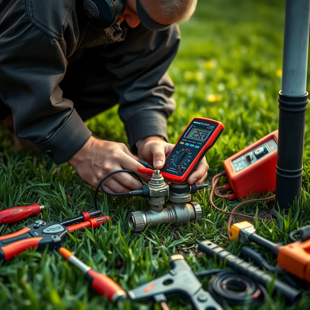 A close-up shot of a technician repairing a sprinkler system, with various tools spread out. The technician is inspecting a valve with a multimeter, surrounded by a healthy green yard, showcasing the meticulous care in maintaining irrigation systems.