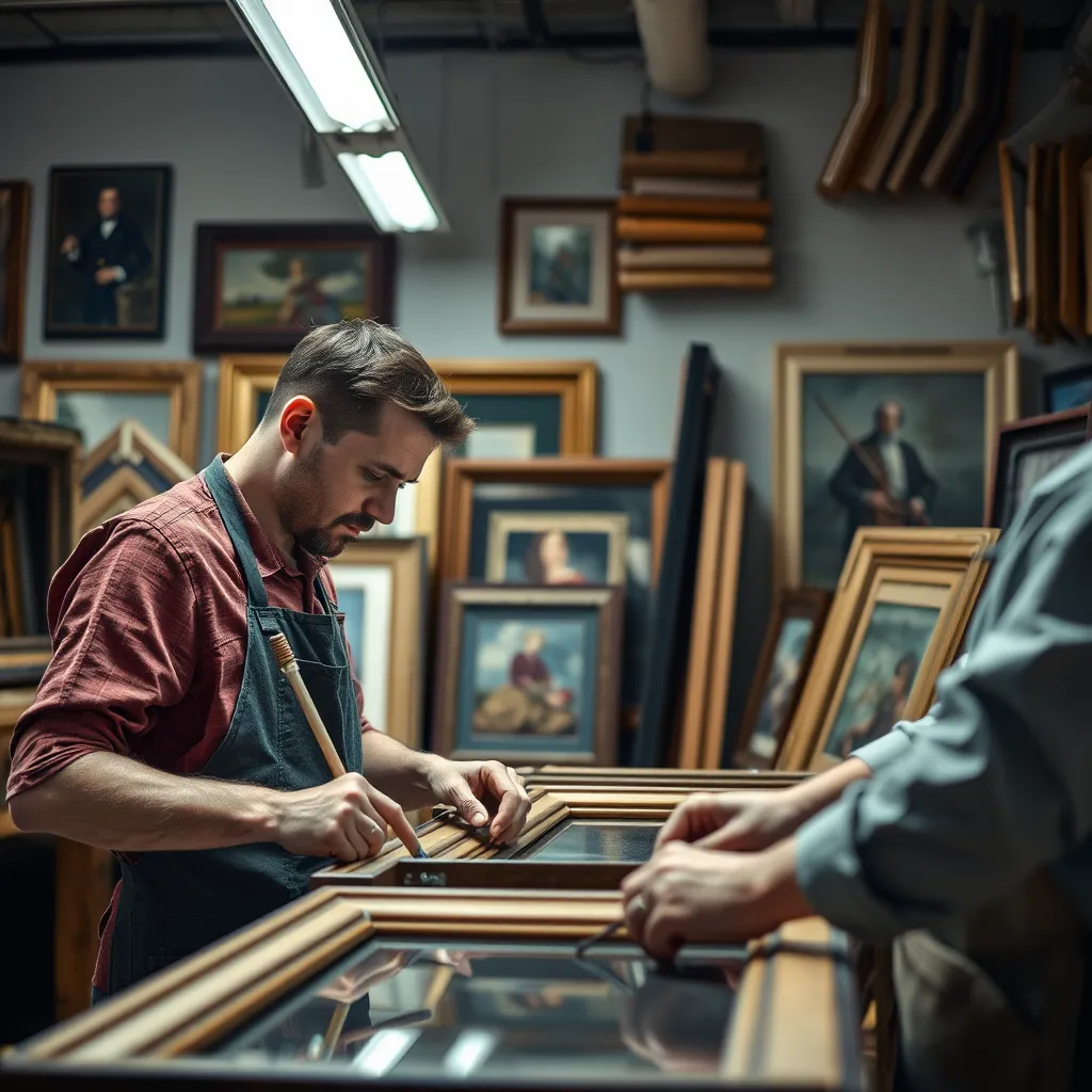 A close-up shot of skilled artisans working in a well-lit, organized framing workshop, showcasing precise tools and a variety of frames. The artisans are focused, wearing aprons, with frames featuring diverse artwork like paintings and photographs surrounding them.