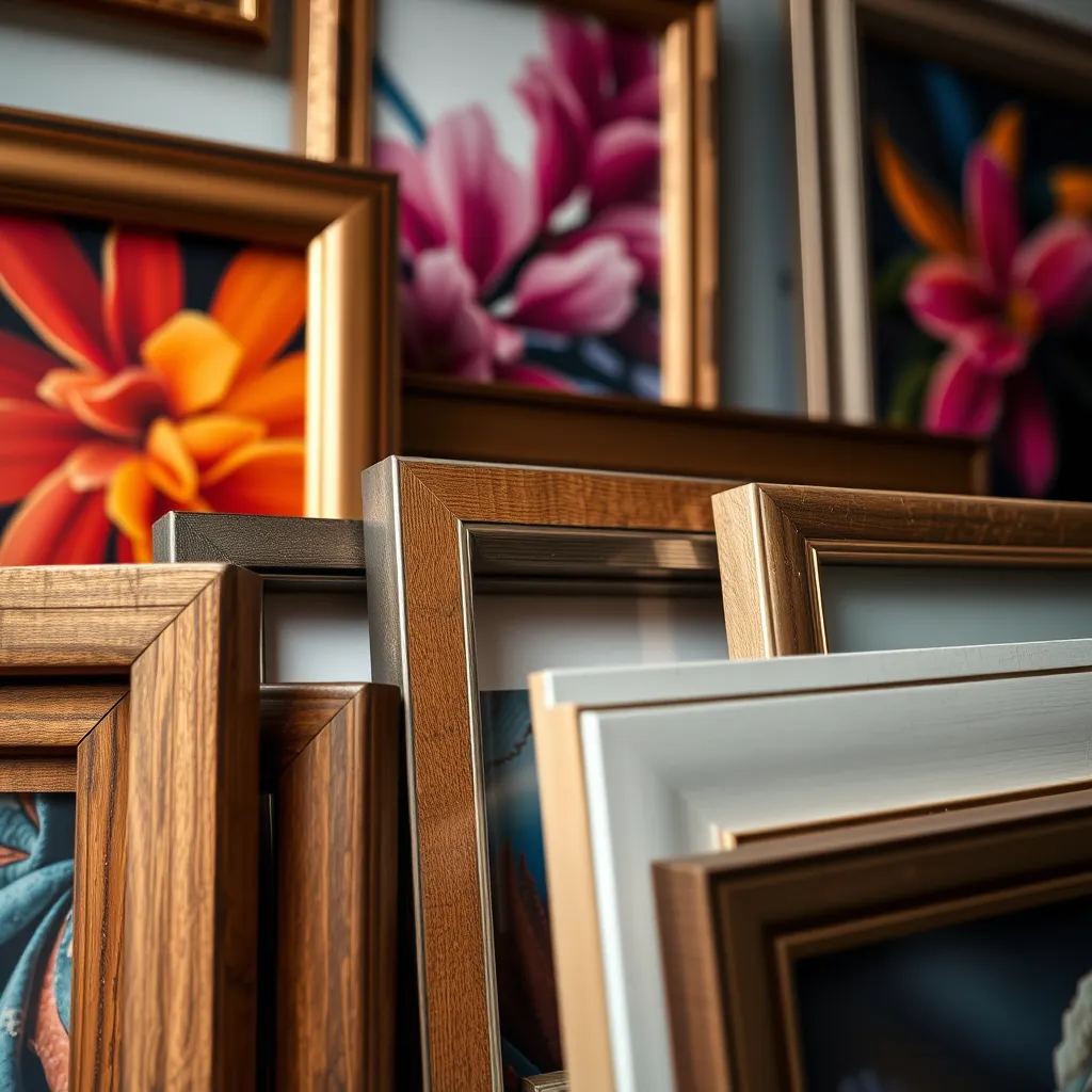 A close-up shot of various picture frames made from high-quality materials like wood, metal, and acrylic. The background features beautifully framed artwork, showcasing vibrant colors and textures. Soft lighting accentuates the craftsmanship and quality of each frame.