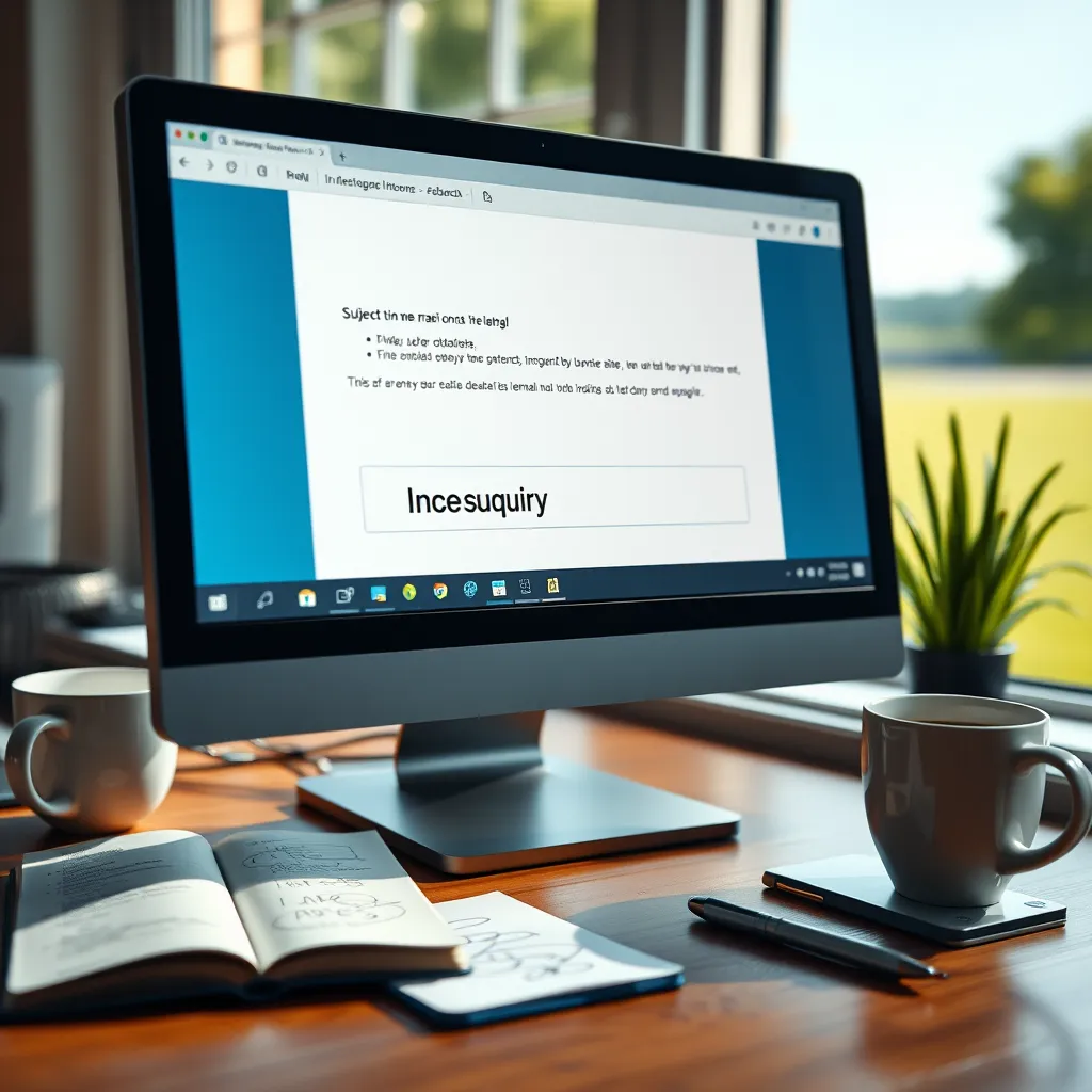 A close-up view of a desktop computer screen displaying an email interface with the subject line 'Inquiry' typed in. The background should show a coffee cup, a notepad with scribbles, and a sunny view of a green lawn outside the window, emphasizing a professional working environment.