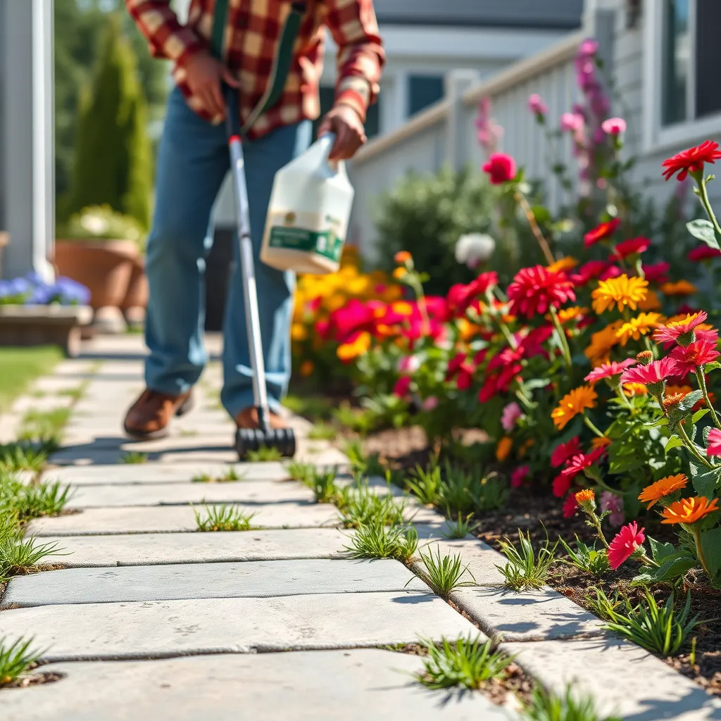 A close-up view of a patio and walkway free of weeds, showcasing neat stone pathways bordered by colorful flower beds. A professional using eco-friendly weed control products ensures the area looks pristine, with a sunny day in the background.