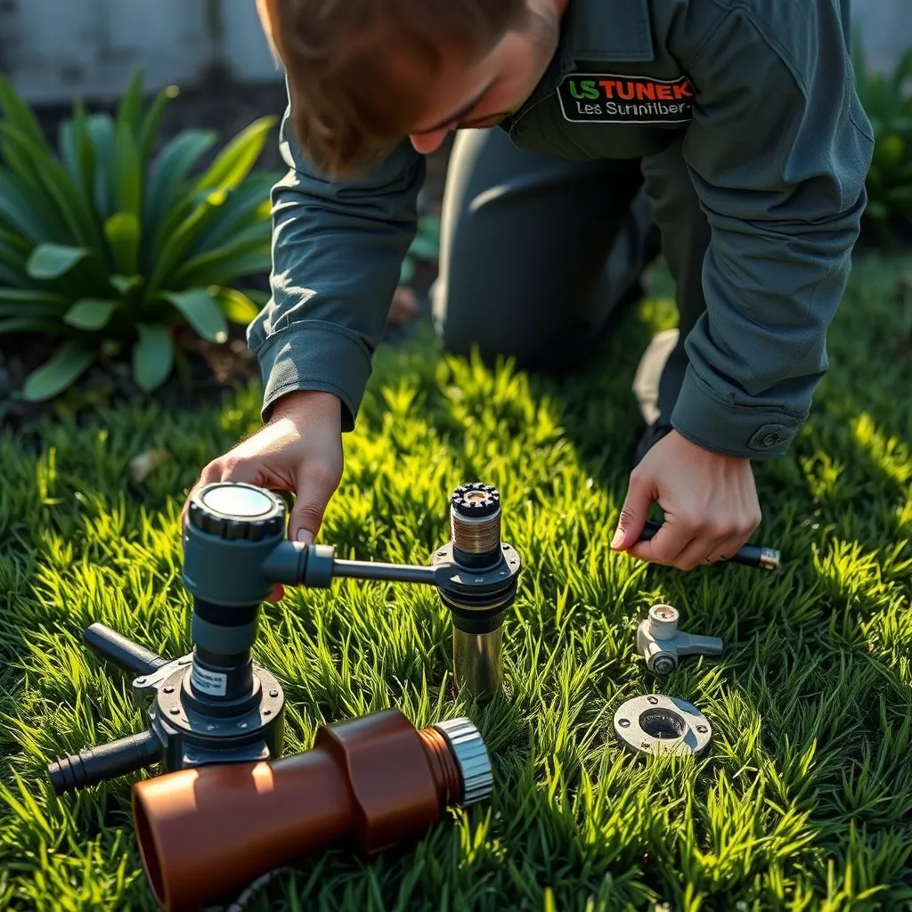 A close-up view of a technician inspecting a sprinkler head, highlighting the intricate details of the repair process. The scene is centered on the technician, who is wearing a uniform with a company logo, surrounded by tools and equipment on a well-manicured lawn. Soft dramatic side lighting casts shadows that accentuate the technician’s focus and the sprinkler’s components. The color palette features fresh green grass, contrasting with the metallic tools. The camera angle is right above the technician’s shoulder, offering a personal and engaging perspective. Background elements include a variety of healthy plants, showcasing the results of an efficient irrigation system. This image emulates the style of high-resolution service photography and should be created in 8K quality, emphasizing textures and materials intricately.