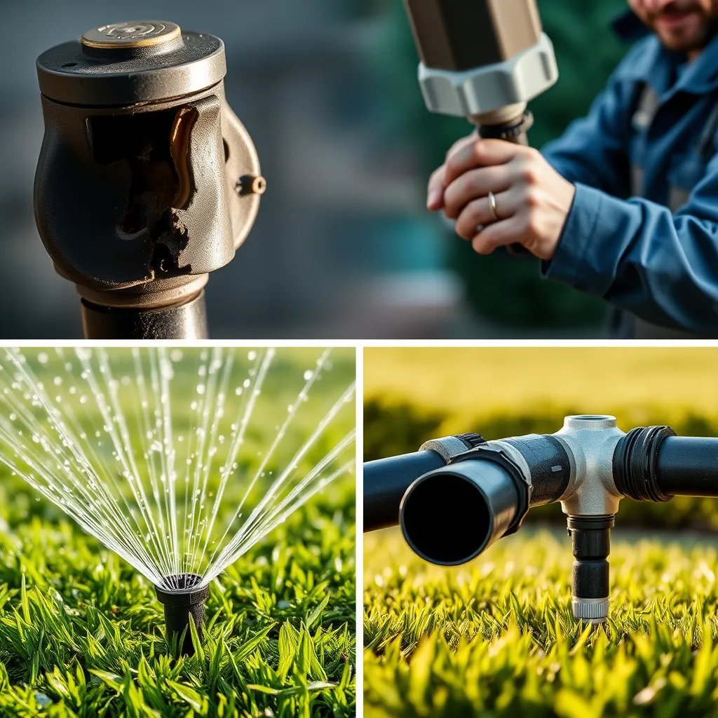 A collage of images showing different sprinkler issues: a close-up of a broken sprinkler head, a technician adjusting a nozzle, and an image of freeze-damaged pipes. The background features a well-maintained lawn, symbolizing care and expertise.