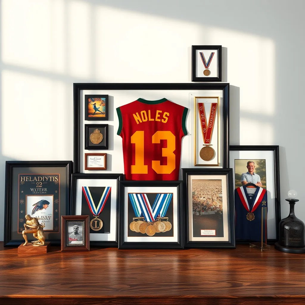 A collage of unique collectible items framed in a variety of styles, including a jersey, medals, and a family heirloom. Arrange them artistically on a wooden table with natural lighting to highlight their significance and individuality.