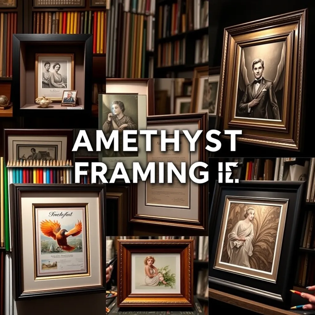 A collage of various framing services offered by Amethyst Framing Inc. Images include shadowboxes displaying sentimental objects, elegant document frames, and fine art prints. The background features colorful art supplies, emphasizing the breadth of services available.