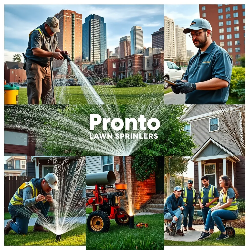 A collage showing the Pronto Lawn Sprinklers team at work: installing sprinklers, repairing equipment, and interacting with satisfied customers, set against the backdrop of Boston's urban landscape.