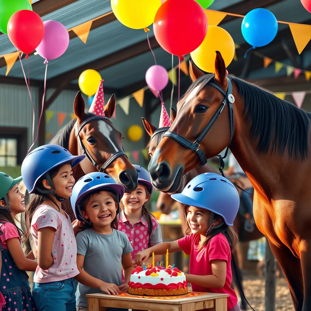 A colorful children's birthday party at a horse stable featuring joyful children wearing riding helmets, interacting with friendly horses. Balloons, party decorations, and a picnic area are visible, creating a festive atmosphere filled with laughter and excitement.