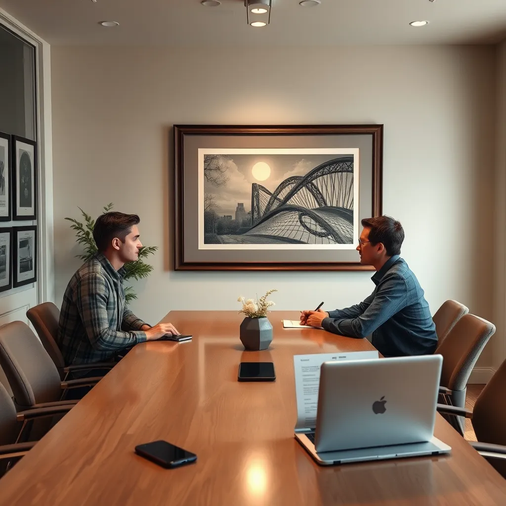 A cozy, inviting office scene at Amethyst Framing Inc. in Boston, MA, where team members are actively discussing framing projects over a sleek conference table. On the wall, a large framed artwork showcases beautiful framing techniques. Include a phone and laptop with email drafts opened.