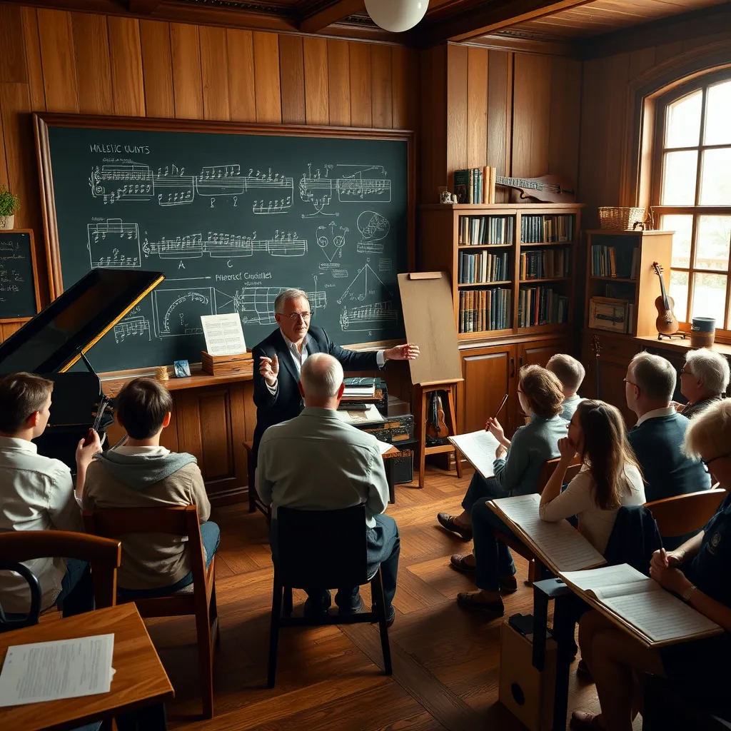 A cozy, warmly-lit room with soft diffused lighting. A music teacher sits by a chalkboard filled with musical notes and theoretical diagrams. The teacher, a well-dressed man in his early 40s, gestures animatedly with a pointer. On a wooden desk beside him, various musical instruments like a grand piano, violin, and guitar are neatly arranged. Students of different ages from 5 to 65 sit around the teacher, engaged and taking notes. The room has wooden floors, a large window with sunlight softly illuminating the space, and a bookshelf filled with music books. The color palette is warm with rich browns and golden hues, creating a welcoming, scholarly atmosphere. Textures of wooden furniture and paper are highly detailed. The camera angle is eye-level and straight-on, capturing the entire scene. The style is hyperrealistic, in the style of Norman Rockwell. 8K resolution, ultra-detailed.