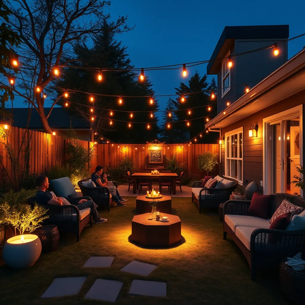 A cozy backyard scene during a small evening gathering, adorned with soft, warm-toned landscape lights casting gentle glow on seating areas. Guests are enjoying the ambiance, with string lights overhead, creating a festive, inviting atmosphere.