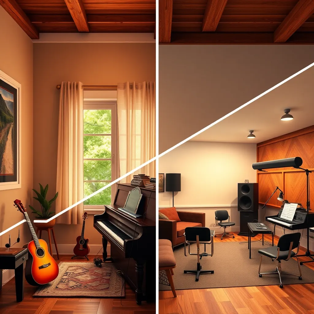 A cozy home setting with a piano, guitar, and violin, alongside a professional music class space at a music school, showing the flexibility of lesson locations. Both locations are warm and inviting, indicating a comfortable learning atmosphere.