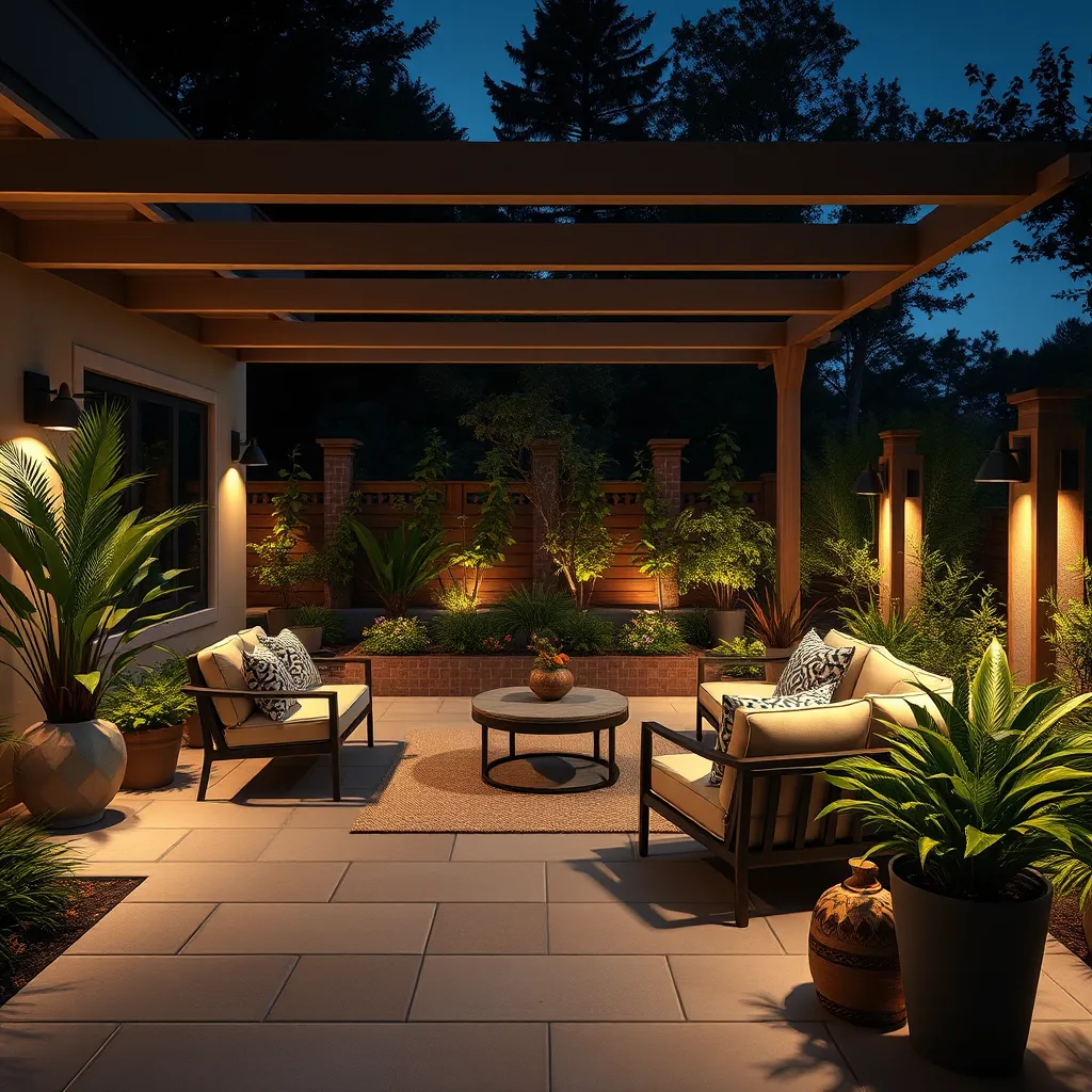 A cozy outdoor patio area illuminated by strategically placed soft landscape lighting. Elegant fixtures cast a warm glow over stylish furniture and vibrant plants, enhancing the beauty of the surrounding garden at dusk.