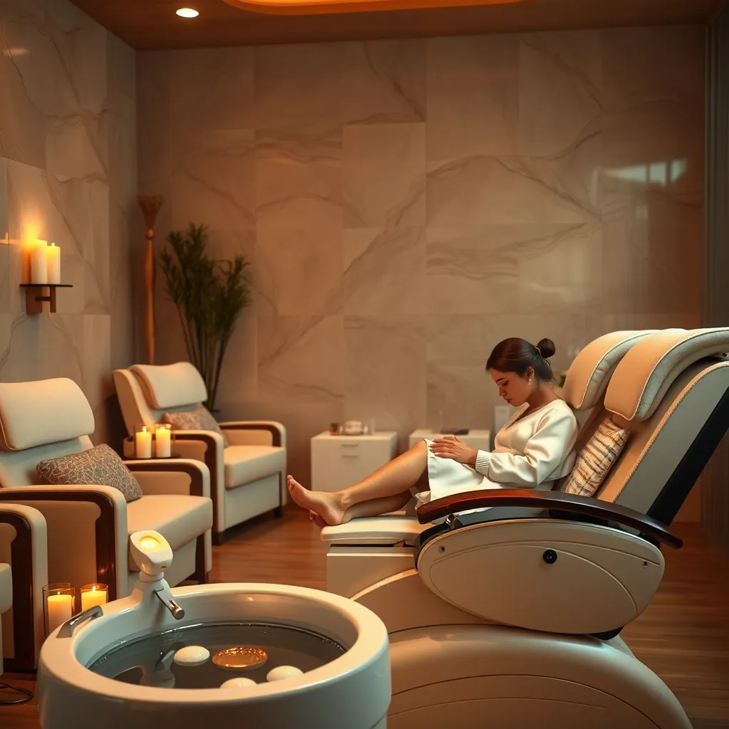 A cozy spa setting with a client enjoying a pampering pedicure. The scene includes warm lighting, plush chairs, and aromatic candles, highlighting elements such as a foot soak and soothing massage, invoking a sense of tranquility and relaxation.