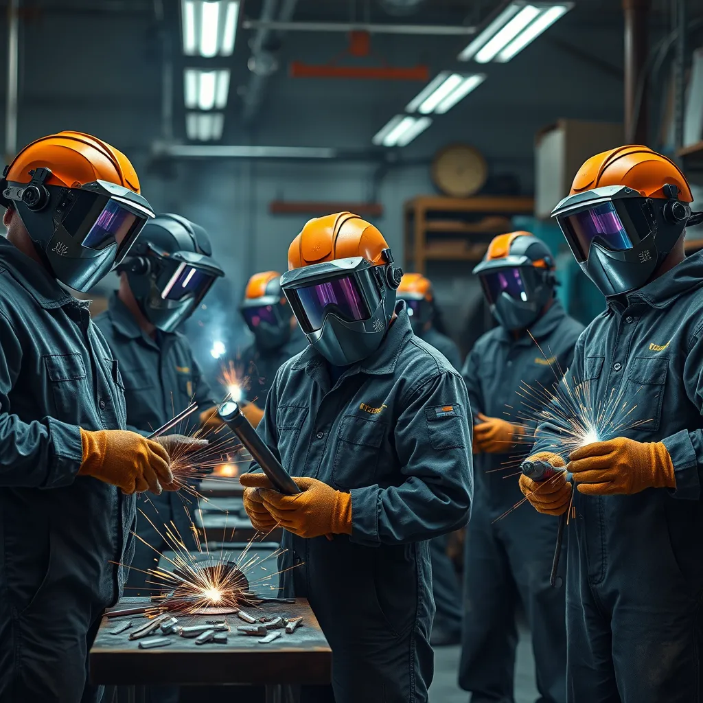 A detailed, photorealistic image of a group of certified welders in a workshop. Each welder is wearing protective gear and holding different tools or working on various projects. The setting is a well-equipped and organized welding shop, exuding professionalism and expertise.
