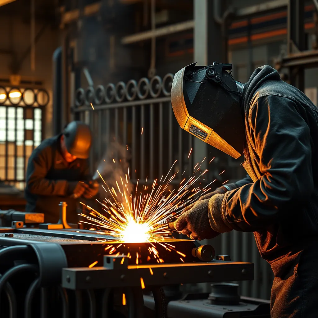 A detailed, photorealistic image of various welding and metalworking operations, including cutting, forming, and welding. The image should feature artisans crafting bespoke gates and steel furniture, with visible sparks and glowing metal.