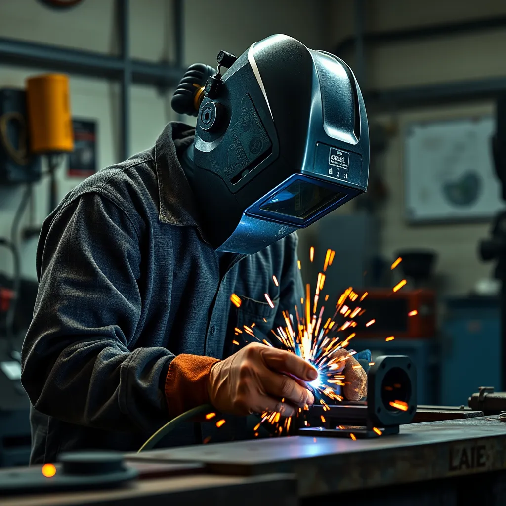A detailed and photorealistic image of a skilled welder performing TIG welding in a well-equipped workshop, with sparks and protective gear clearly visible.