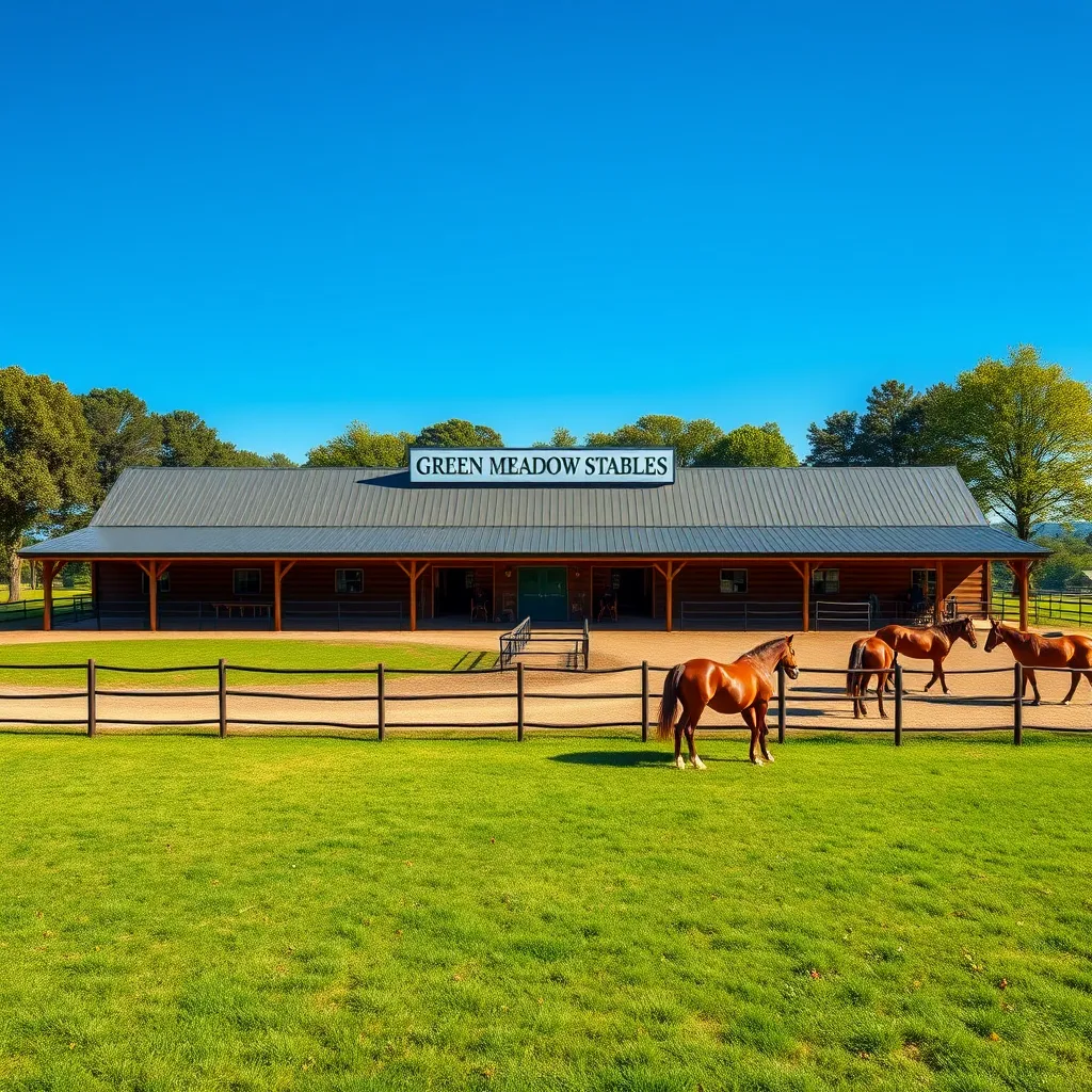 A detailed image of the exterior of Green Meadow Stables, featuring a large riding arena with horses in training, paddocks with horses grazing, and a well-maintained facility that reflects its licensed and insured status, set under a bright blue sky.