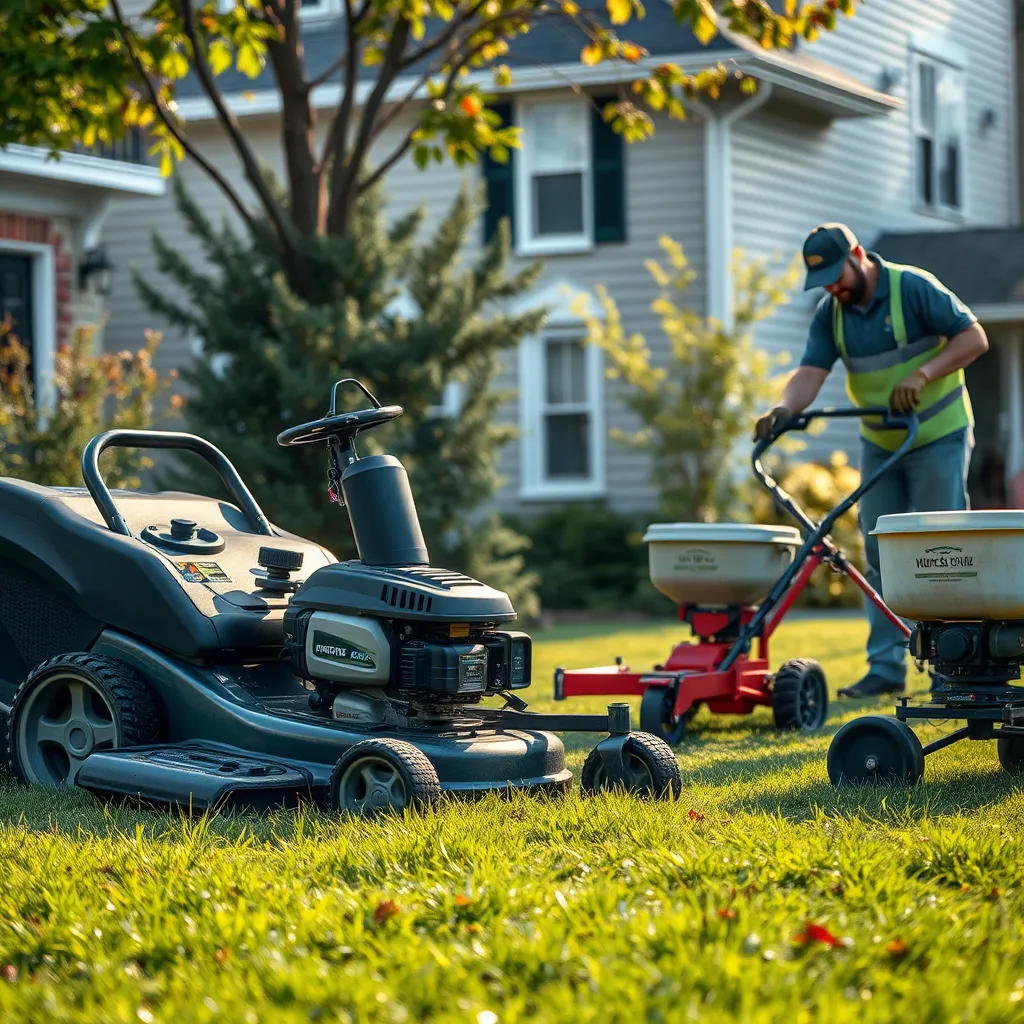 A detailed image showing a professional lawn care team using various equipment. The scene includes a lawnmower, aerator, and a technician applying fertilizer, all set in a well-maintained residential yard in Boston, capturing the essence of comprehensive lawn care.