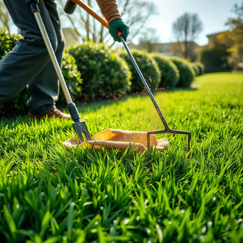 A detailed view of a lush green lawn receiving professional treatment, showcasing a technician performing dethatching. Tools and equipment are visible, alongside areas where overseeding is being applied. The background features healthy shrubs and a sunny landscape.