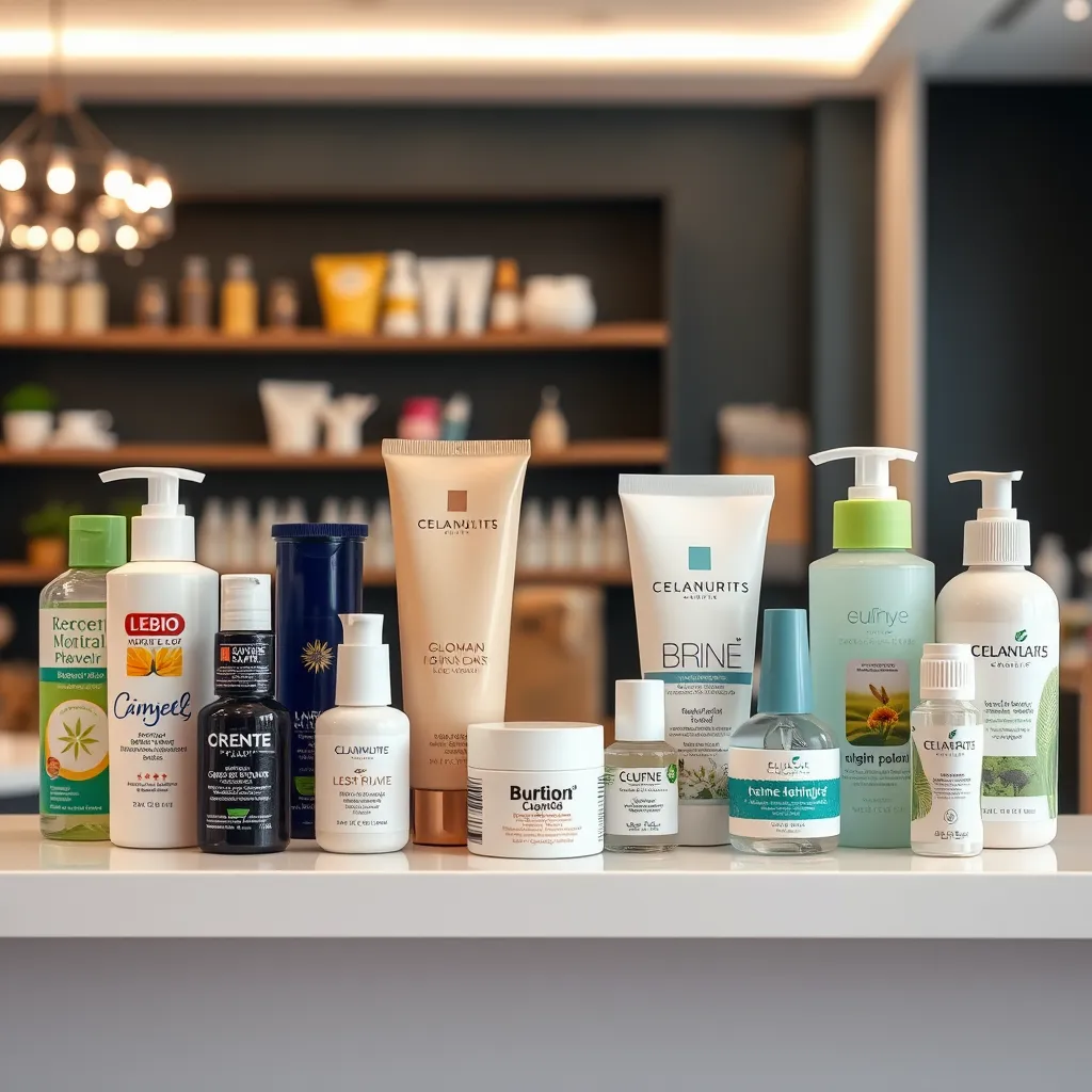 A display of eco-friendly nail care products used in the salon, arranged attractively on a shelf. Include brands known for their sustainability and safety. The background should be the nail salon to show the connection between product choice and service quality.