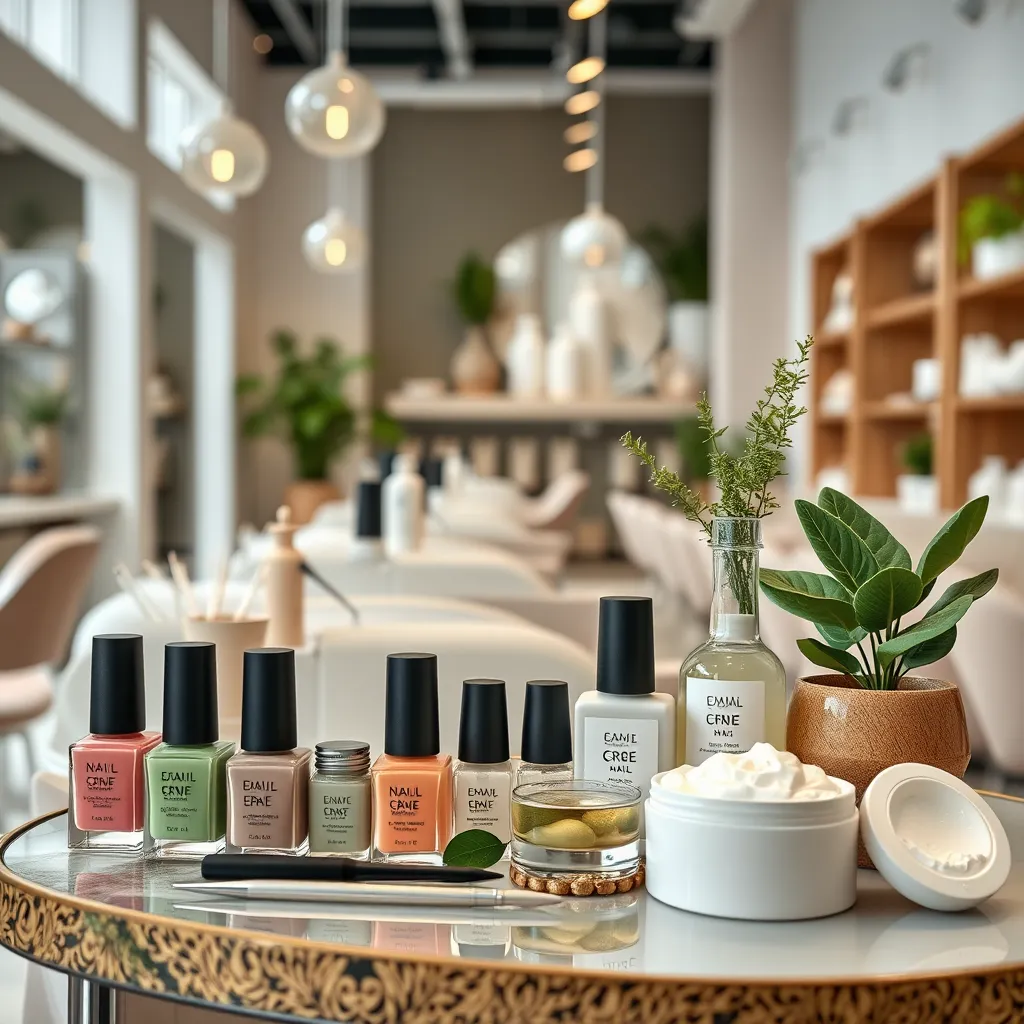 A display of eco-friendly nail products in a chic nail salon, emphasizing green and natural ingredients. Include images of organic nail polishes, tools, and pampering scrubs, alongside a backdrop of a modern and stylish salon.