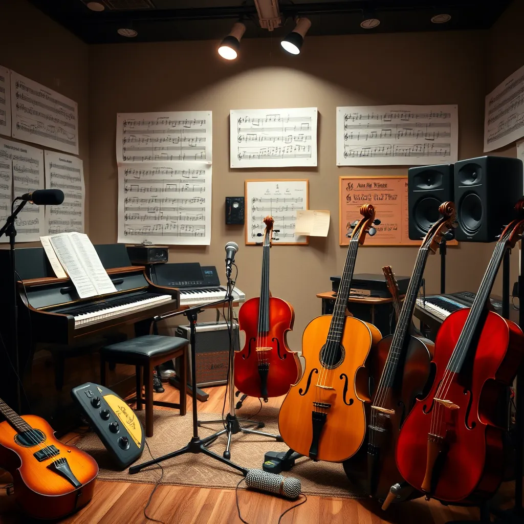 A diverse array of musical instruments including a piano, guitar, violin, and microphone, arranged neatly in a well-lit, professional music studio. The background shows musical notes and theory charts on the walls, indicating a rich learning environment.