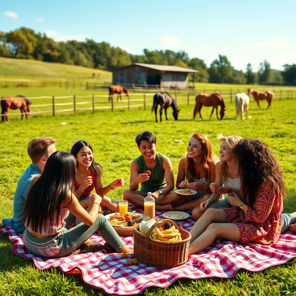 A diverse group of friends having a picnic on a blanket near a paddock with horses grazing. They are laughing and enjoying snacks together, with horses in the background. The scene captures a sunny day with vibrant green grass and beautiful blue sky, emphasizing community and leisure.